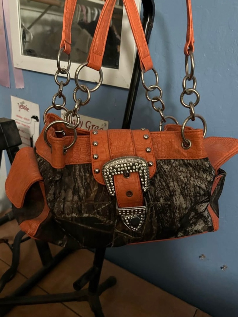 Orange Camouflage Accent Shoulder Bag with Studded Buckle